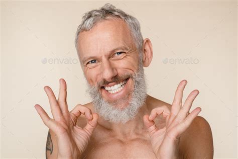 Smiling Caucasian Mature Middle Aged Man With Bare Shoulders Naked