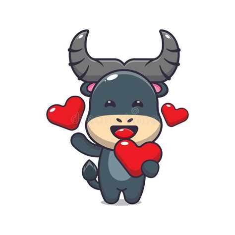 Cute Buffalo Cartoon Character Holding Love Heart In Valentines Day