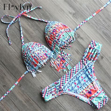 Floylyn Push Up Tassel Bikini Beachwear Women Swimwear Bikini Geometric Print Swimsuit Brazilian