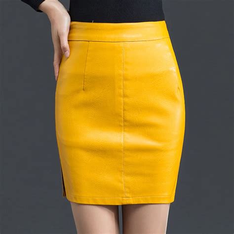 High Quality Pu Leather Pencil Skirts Empire Waist Zipper Spring Winter Black Faux Synthetic