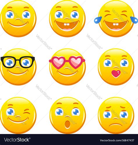 Cute Cartoon Emoticons Emoji Icons Smiley Faces Vector Image