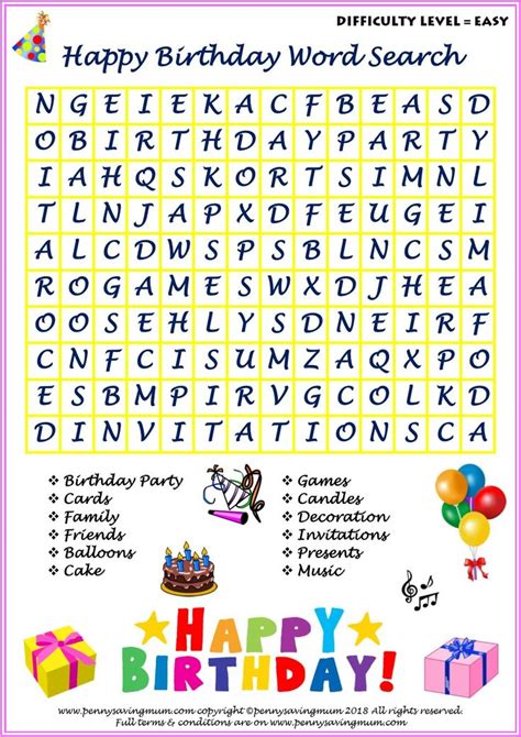 Happy Birthday Word Searches Easy And Hard Versions With Answers Penny Saving Mum Happy