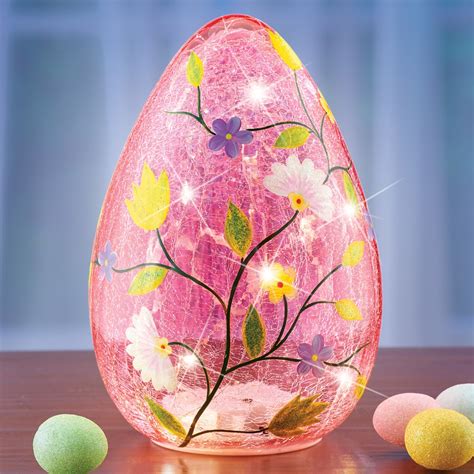 Hand Painted Led Lighted Crackled Glass Floral Egg Lamp Collections Etc