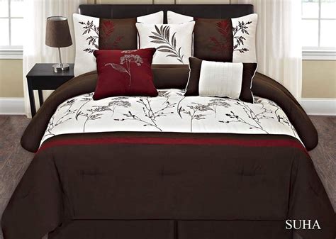 7 Pc Embroidery Bedding Brown Off White Burgundy Comforter Set King