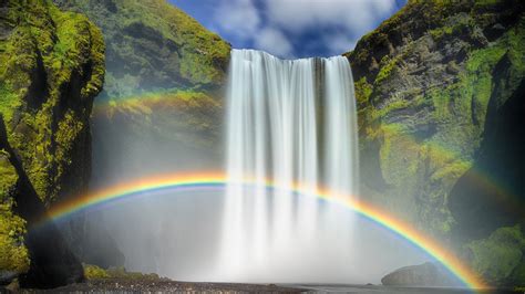 Nature Waterfall Rainbows Moss Long Exposure Iceland Clouds Rock