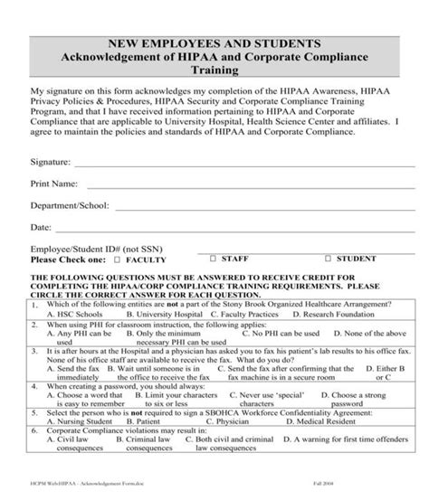 Free 6 Hipaa Employee Acknowledgment Forms In Pdf Ms Word