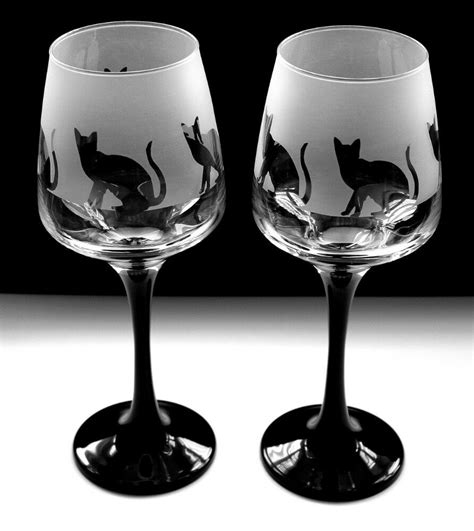 Cat gift,cats playing black stem wine glasses | cat themed. Cat sitting design black stem wine glasses | eBay