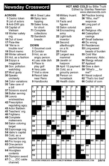 Newsday crossword puzzle for feb 09, 2016, by stanley newman