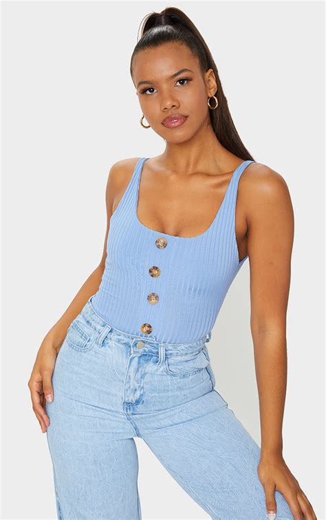 Blue Rib Button Front Thong Bodysuit Tops Prettylittlething