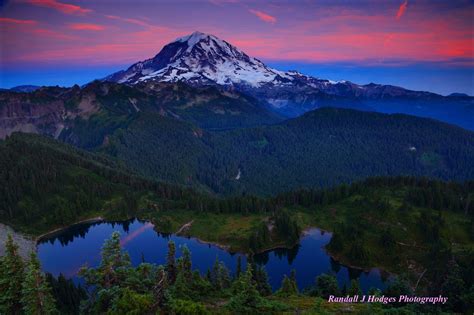 Sunset Alpenglow With Mt Rainier Towering Over Eunice Lake And M