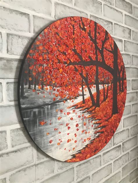 Original Abstract Red Tree Painting Round Canvas Home Office Etsy