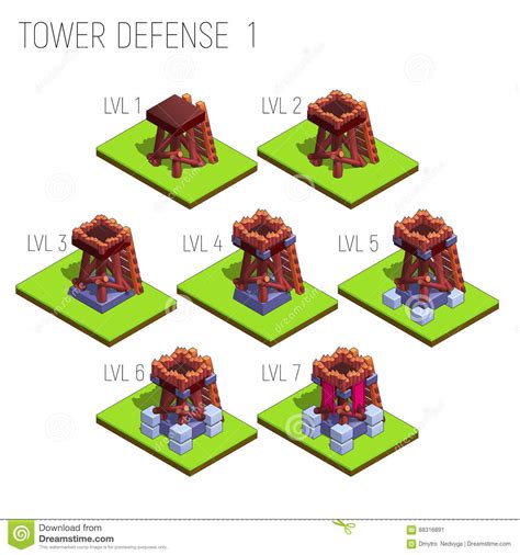 Set Of Seven Isometric Medieval Tower Defense For Game Isolated On