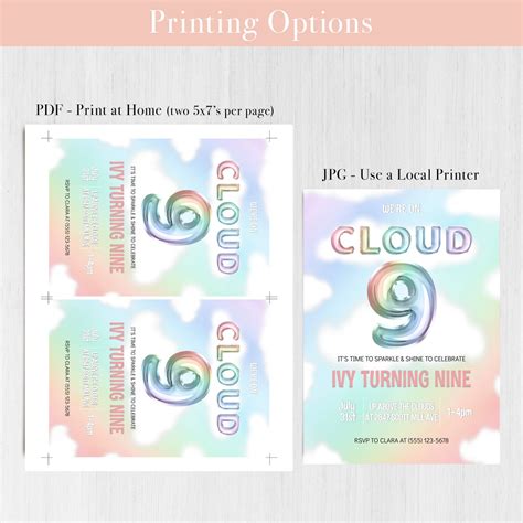 Editable Cloud 9 Rainbow Birthday Party Invitation Dream Etsy