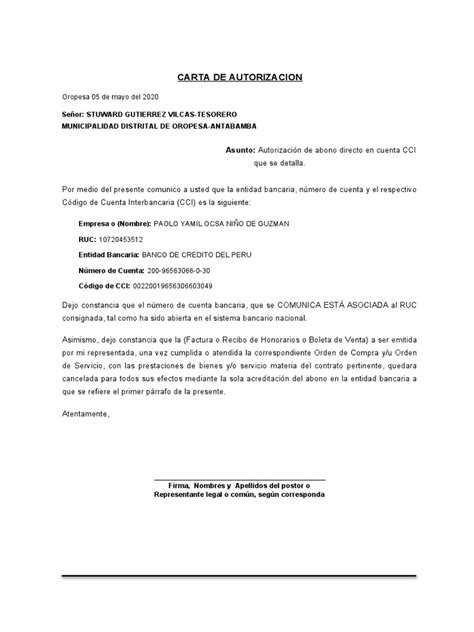 Anexo N 05 Formato De Carta De Autorizacion De Abono Directivo En