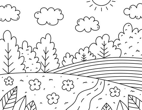 Cute Kids Coloring Page Landscape With Clouds Trees Bushes Flowers