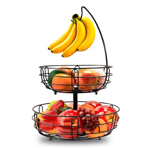 Fuleadture 2 Tiers Fruit Basket Stand With Banana Tree Metal Fruit Bowl