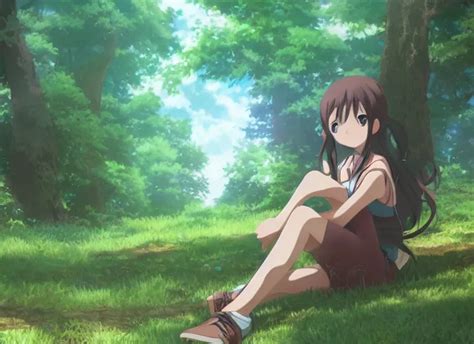 Surprised Anime Girl Sitting In A Forest By Makoto Stable Diffusion