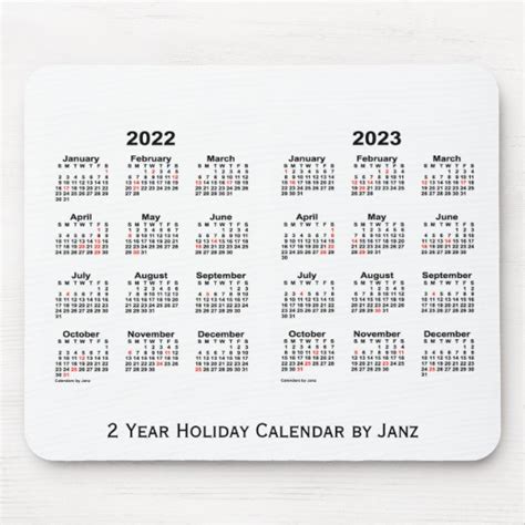 2022 2023 White 2 Year Holiday Calendar By Janz Mouse Pad