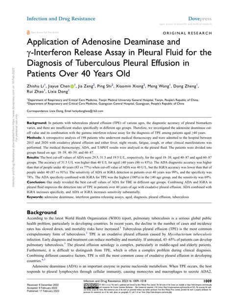 Pdf Application Of Adenosine Deaminase And γ Interferon Release Assay
