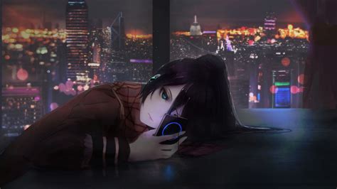 Desktop Wallpaper Anime Girl Using Phone Cityscape Night Cute Art