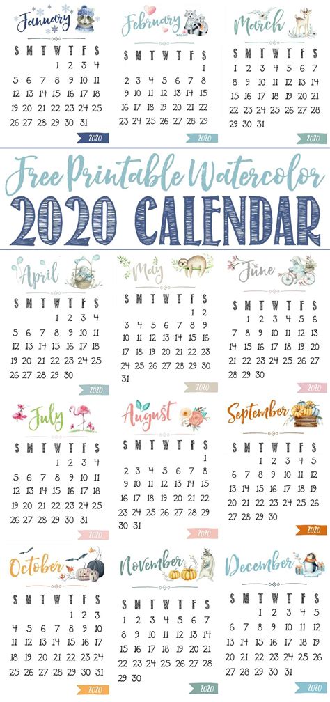 Free Printable 2020 Calendar Cute Watercolor Design Thats Perfect For