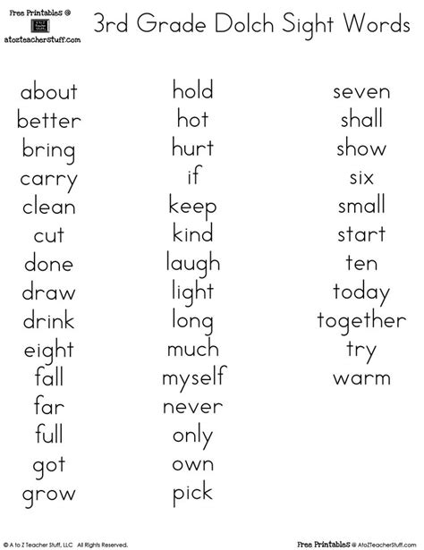 Free Printables 3rd Grade Dolch Sight Words Sight Word