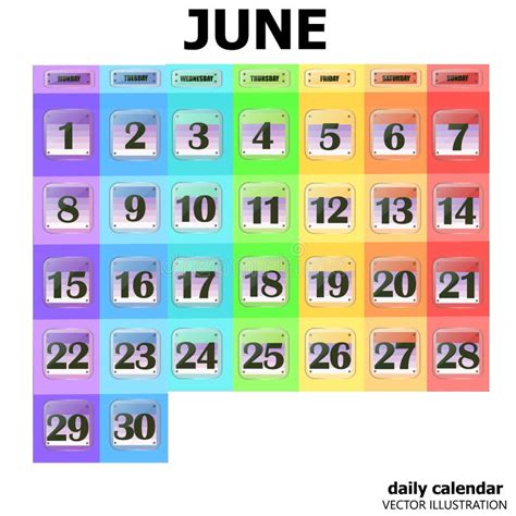 Colorido Calendario Para Junio De 2020 En Inglés Conjunto De Botones