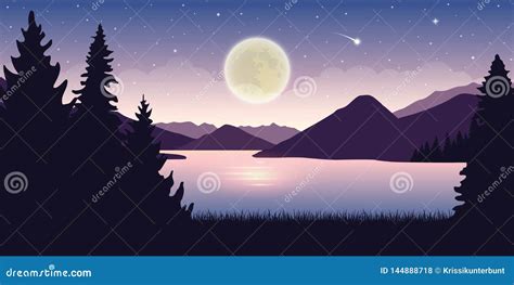 Beautiful Lake At Night With Full Moon And Starry Sky Mystic Landscape