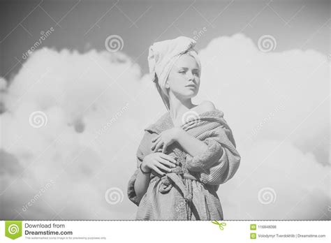 Girl Posing With Naked Shoulders On Cloudy Blue Sky Stock Photo Image