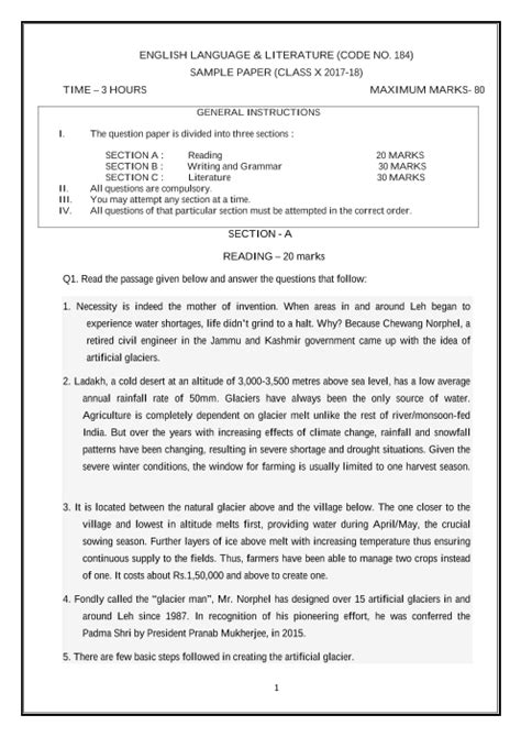 40 for reading & 40 for writing. CBSE Sample Question Papers for Class 10 English Language & Literature - Mock Paper 2
