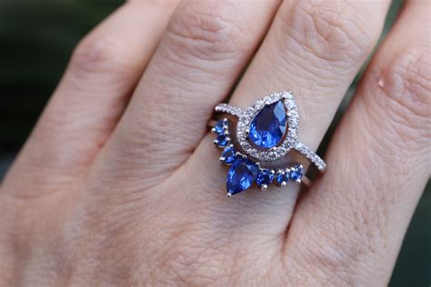 Teardrop Blue Sapphire Engagement Silver Ring Set Pear Halo Dark Blue