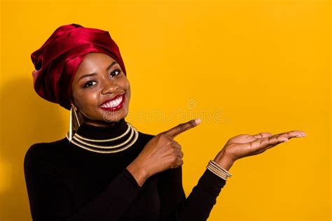 Photo Of Cheerful Friendly Lady Direct Finger Hand Palm Hold Empty