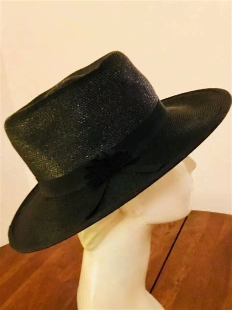 Vintage Wide Brim Black Straw Hat Gem