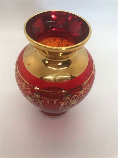 Vintage Red Art Glass Vase Gold Trim Scrolls Flowers Etsy
