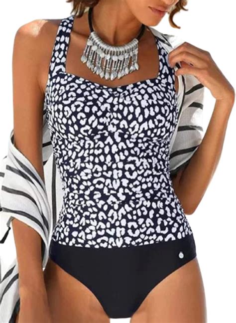 Fobexiss Womens Leopard Print One Piece Swimsuit Sexy Slim Fit Swimwear Backless Patchwork