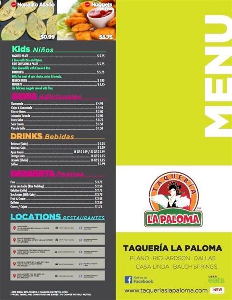 Menu At La Paloma Taqueria Restaurant Plano