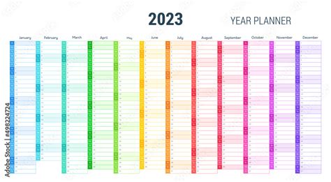 Year Planner 2023 Calendar With Monthly Vertical Grid In Rainbow