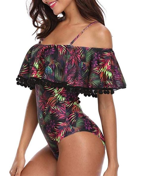 Tempt Me Womens Ruffle One Piece Off Shoulder Swimsuit Tummy Control Flounce Printed Retro