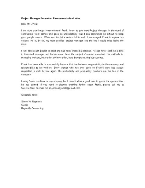 Project Manager Promotion Recommendation Letter Templates At