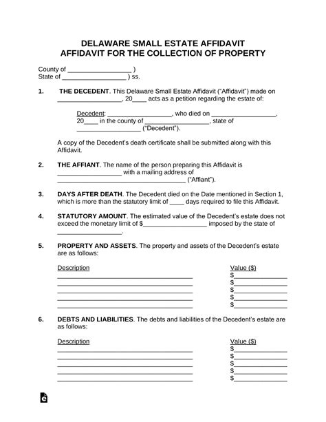 Free Delaware Small Estate Affidavit Form PDF Word EForms
