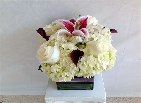 White wedding hydrangea shrub with white conical blooms: Centerpieces - white roses, stargazers, eggplant callas ...