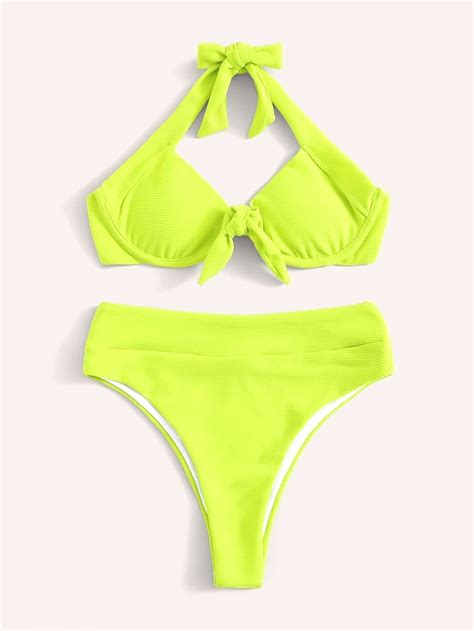 Neon Lime Green Underwire Halter Top Swimsuit High Waist Bikini Bottom