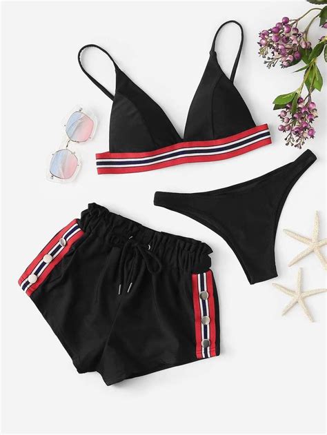 Striped Tape Top And Shorts And Cheeky Bottom Cute Swimsuits Bikinis Cute Bathing Suits