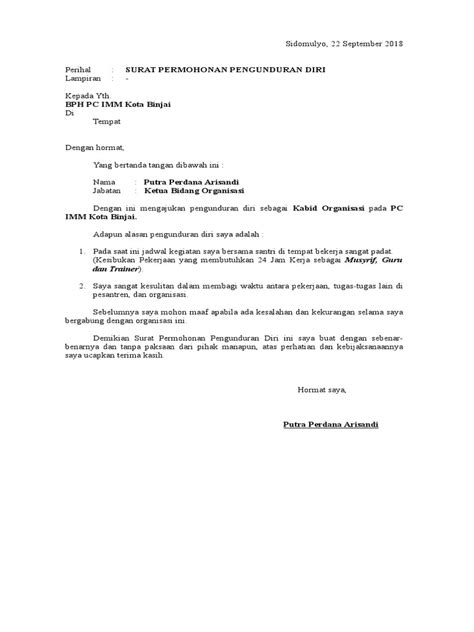Contoh Surat Pengunduran Diri Organisasi Pdf - Dokumen Hanna