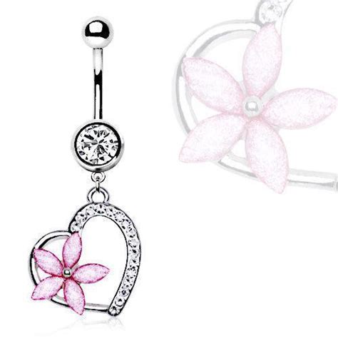 316l Stainless Steel Pink Flower On A Heart Dangle Navel Ring Rebel Bod