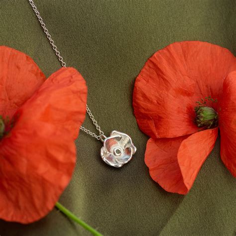 August Birth Flower And Birthstone Necklace Poppy And Peridot Silver