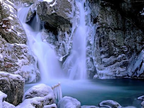 Beautiful Waterfall Winter Snow Ice Rock Picture With Widescreen Hd