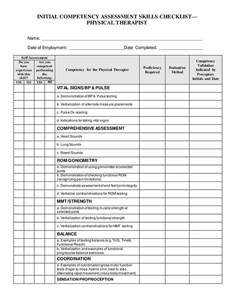 Competency Assessment Skills Checklist Physical Therapist In Word And