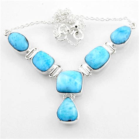 925 Sterling Silver 3879cts Natural Blue Larimar Necklace Jewelry
