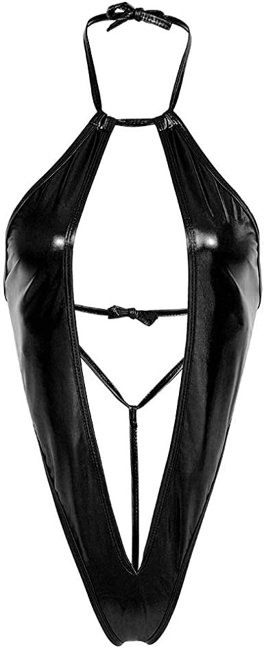 Women Sexy Lingerie Wet Look Backless Metallic Sheer Hollow Jumpsuit Bodysuit Teddy Micro